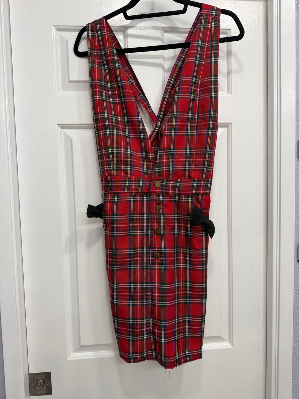 Red Tartan Plaid V-Neck Pencil Dress with Bow Accents
